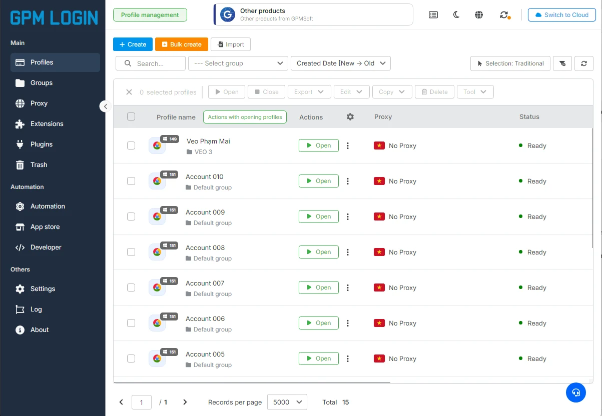 GPM Login browser profile management interface